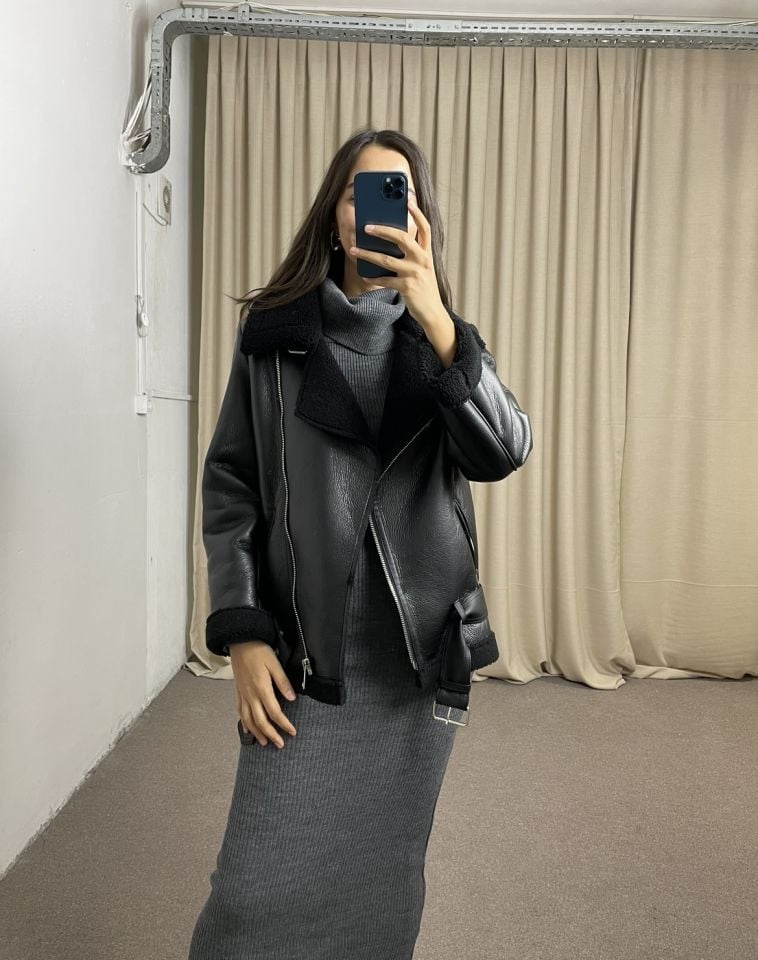 Loris Siyah İçi Peluş Premium Deri Mont