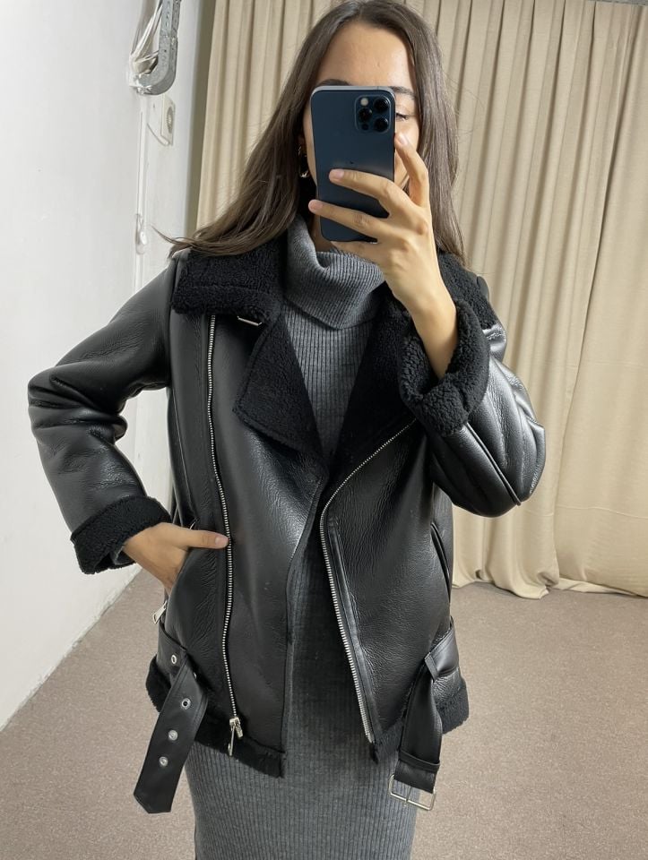 Loris Siyah İçi Peluş Premium Deri Mont