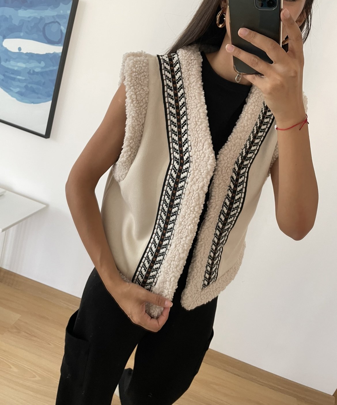 Bej Etnik Desen Peluş Premium Yelek