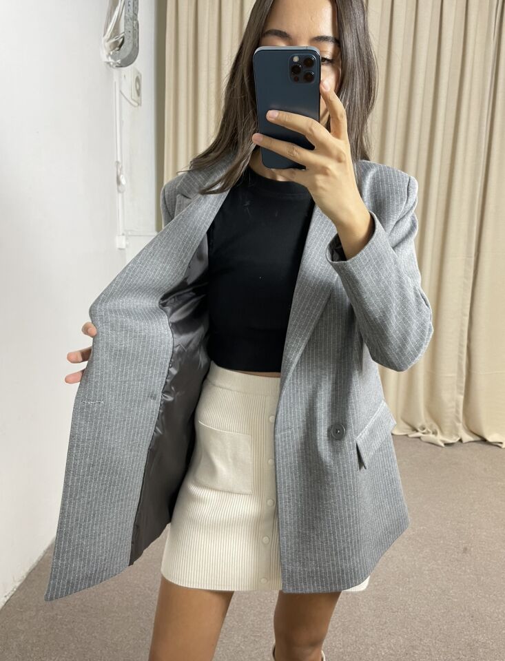 Serena Gri Çizgili Premium Ceket