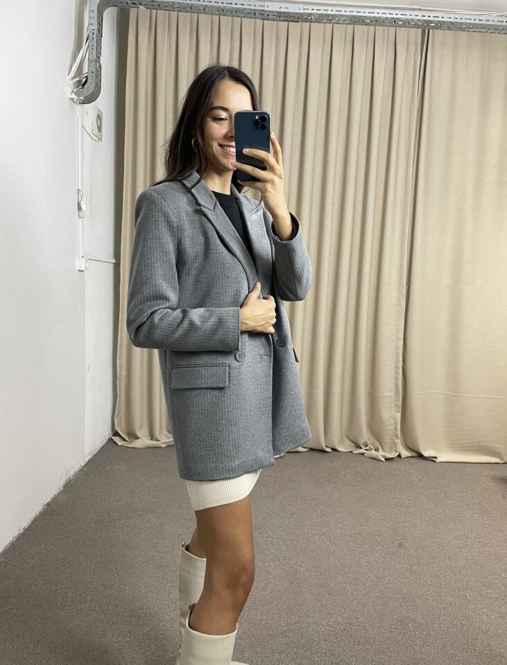 Serena Gri Çizgili Premium Ceket