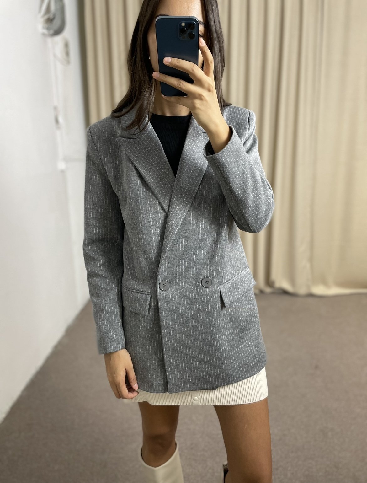 Serena Gri Çizgili Premium Ceket