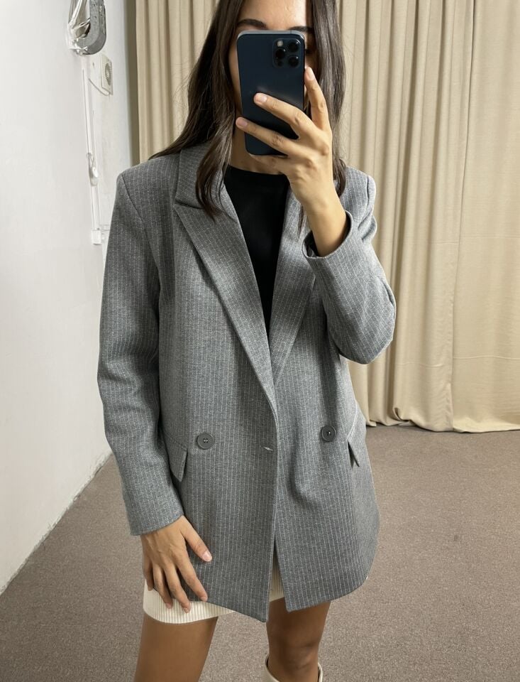 Serena Gri Çizgili Premium Ceket