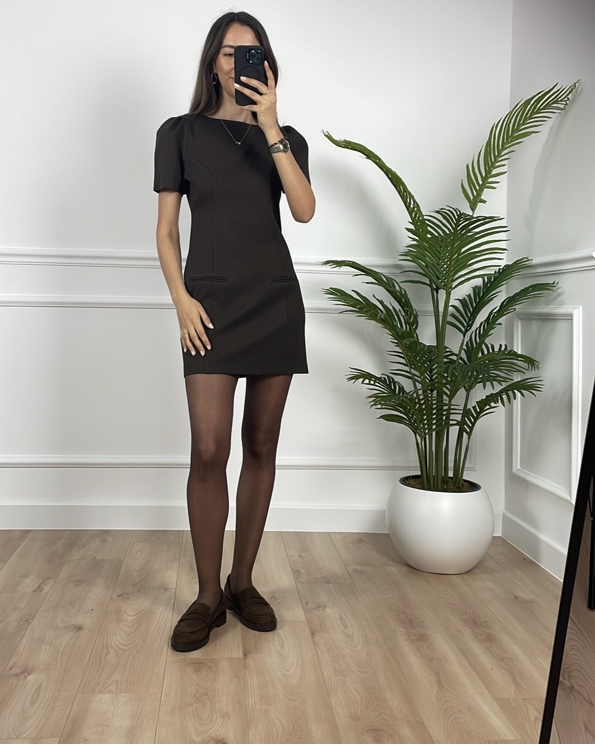 Como Kahverengi Balon Kol Elbise