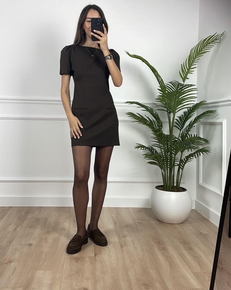 Como Kahverengi Balon Kol Elbise