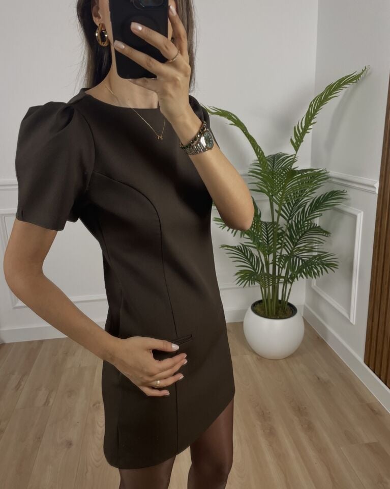 Como Kahverengi Balon Kol Elbise