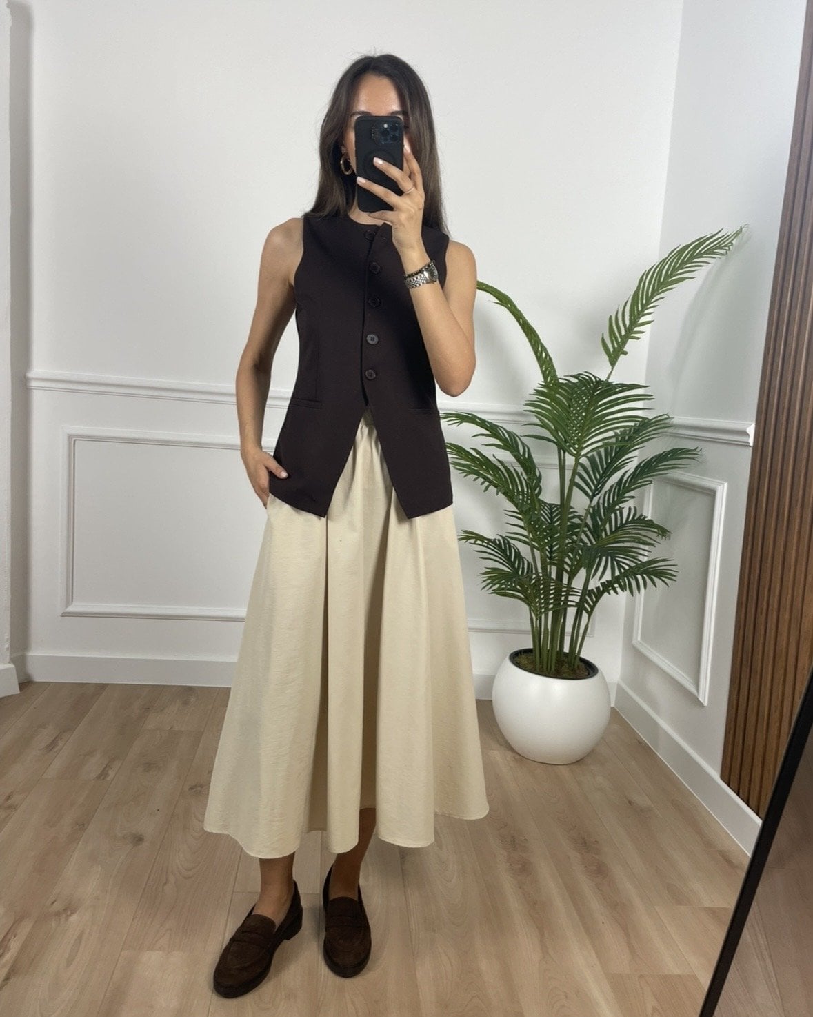 Luna Bej Beli Lastikli Cepli Etek