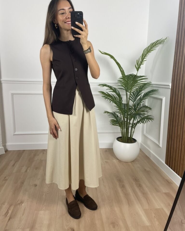 Luna Bej Beli Lastikli Cepli Etek