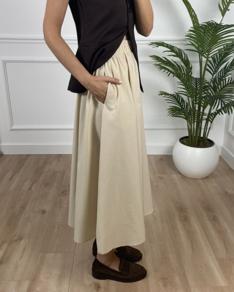 Luna Bej Beli Lastikli Cepli Etek