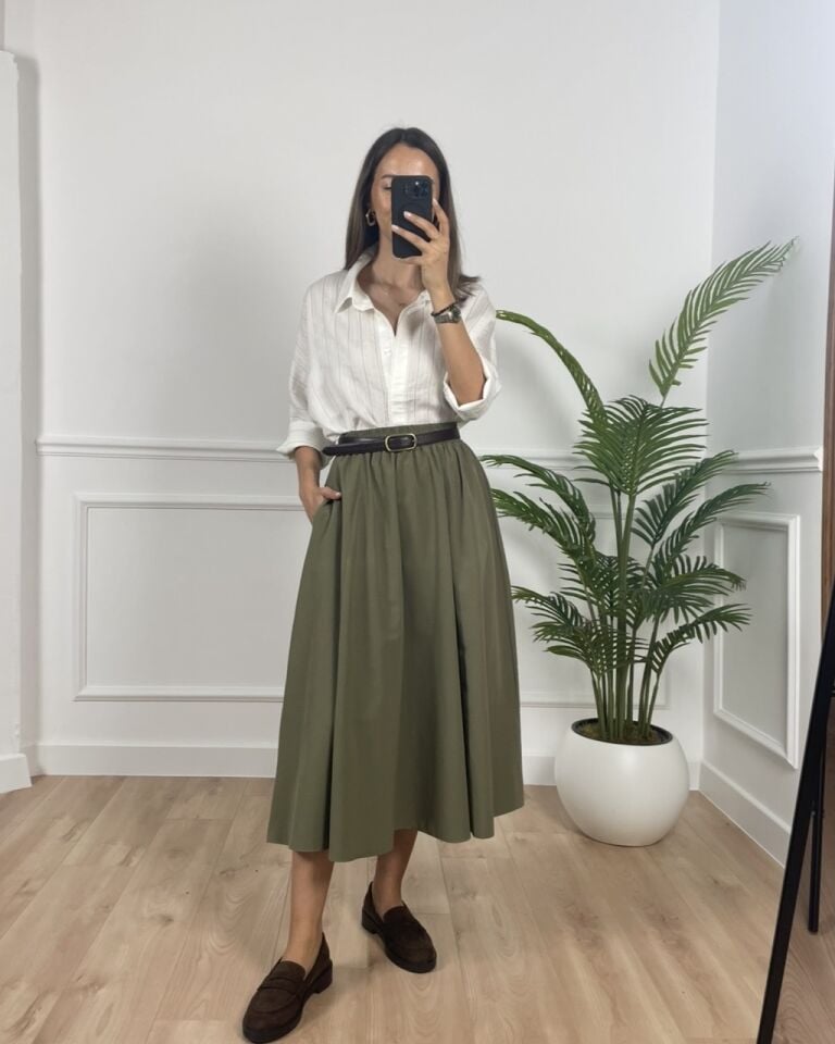 Luna Yeşil Beli Lastikli Cepli Etek