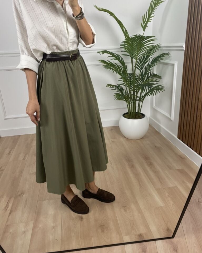 Luna Yeşil Beli Lastikli Cepli Etek