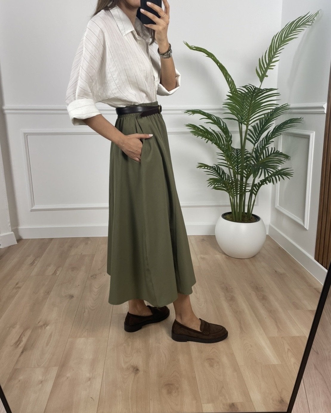 Luna Yeşil Beli Lastikli Cepli Etek