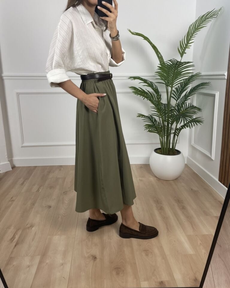 Luna Yeşil Beli Lastikli Cepli Etek