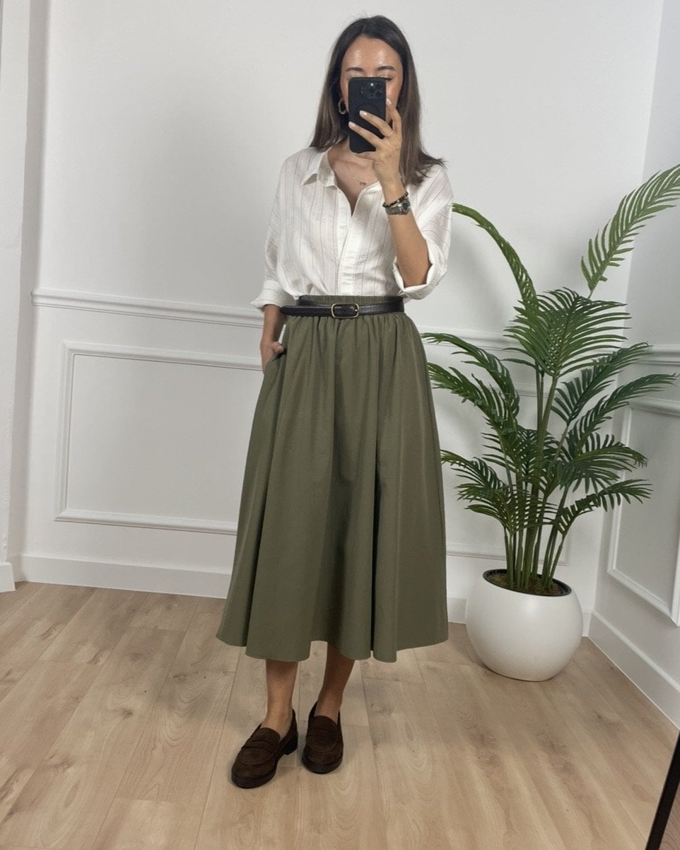 Luna Yeşil Beli Lastikli Cepli Etek