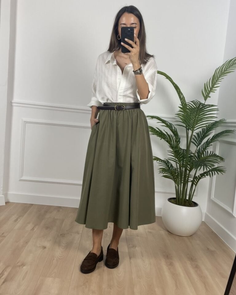 Luna Yeşil Beli Lastikli Cepli Etek