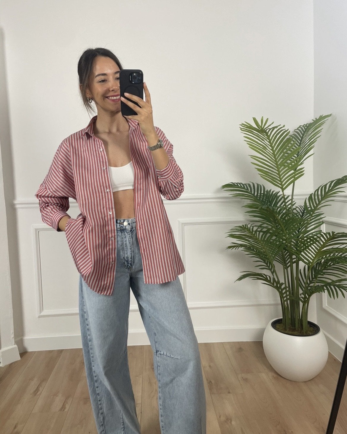 Musk Kırmızı Çizgili Poplin Gömlek