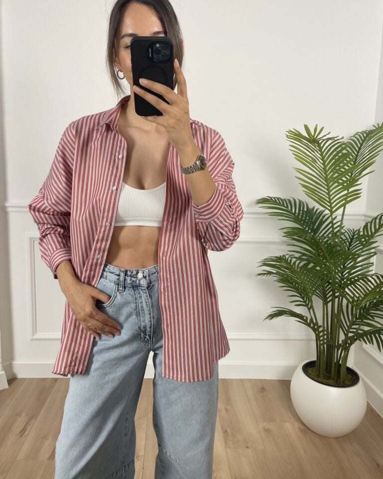 Musk Kırmızı Çizgili Poplin Gömlek