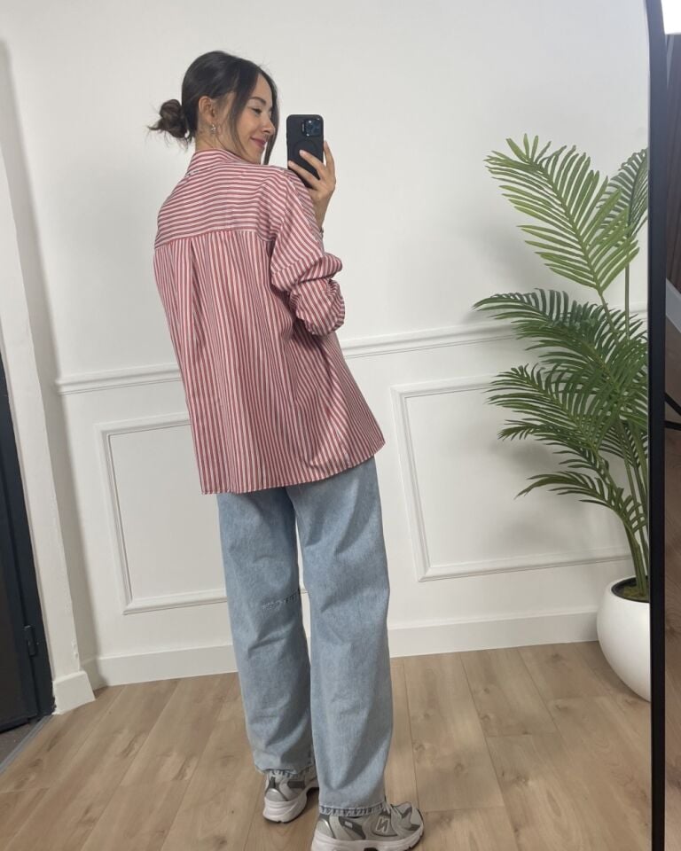 Musk Kırmızı Çizgili Poplin Gömlek