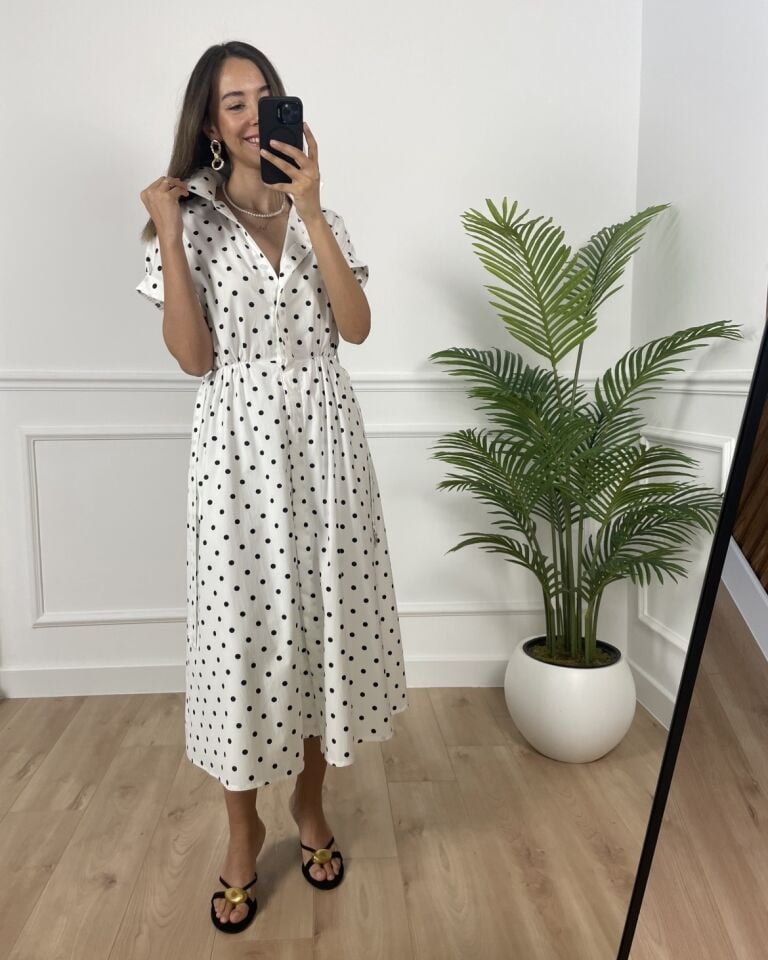 Alex Beyaz Puantiyeli Gömlek Yaka Elbise