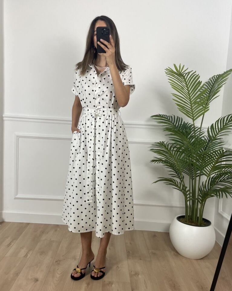 Alex Beyaz Puantiyeli Gömlek Yaka Elbise