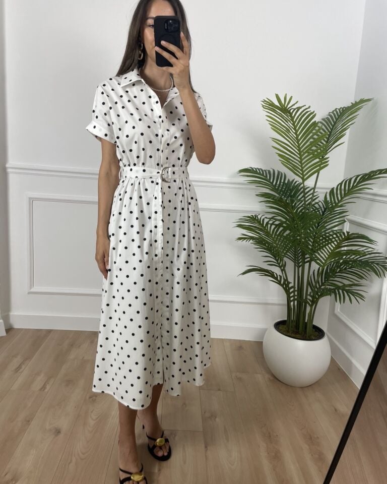 Alex Beyaz Puantiyeli Gömlek Yaka Elbise