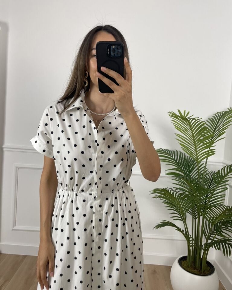 Alex Beyaz Puantiyeli Gömlek Yaka Elbise