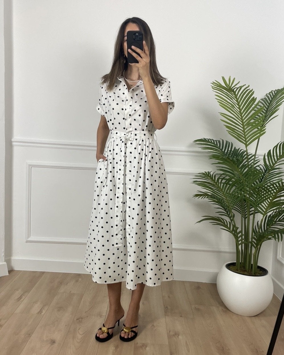 Alex Beyaz Puantiyeli Gömlek Yaka Elbise