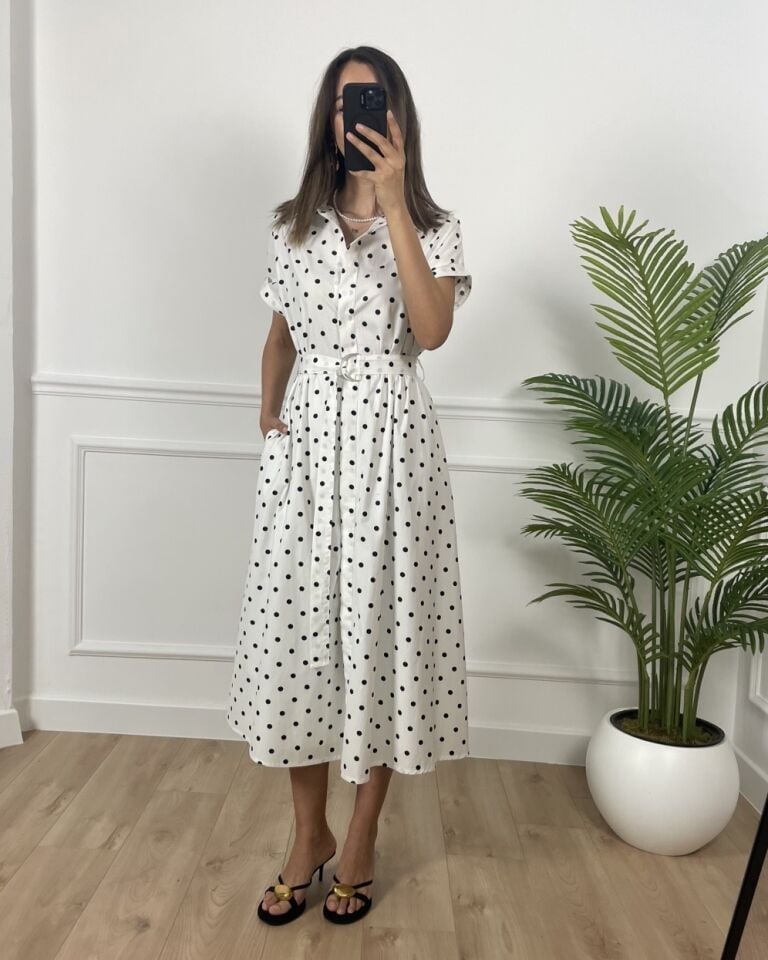 Alex Beyaz Puantiyeli Gömlek Yaka Elbise