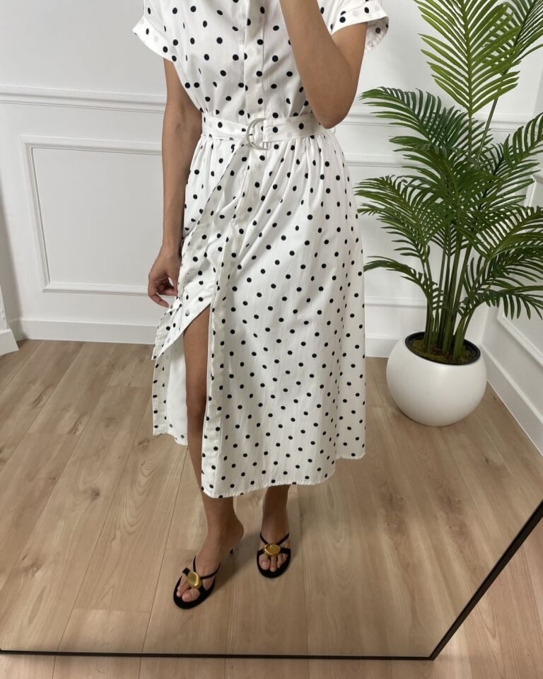 Alex Beyaz Puantiyeli Gömlek Yaka Elbise