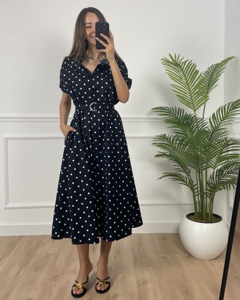 Alex Siyah Puantiyeli Gömlek Yaka Elbise