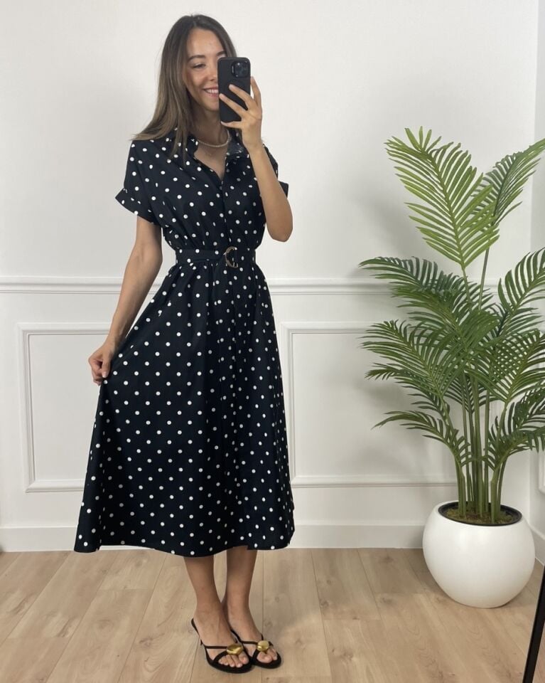 Alex Siyah Puantiyeli Gömlek Yaka Elbise