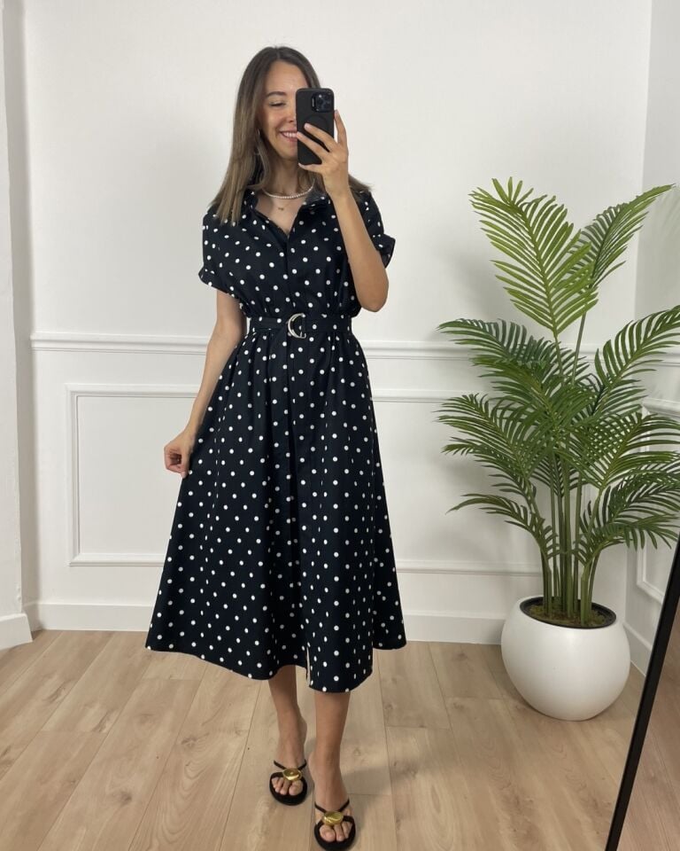 Alex Siyah Puantiyeli Gömlek Yaka Elbise