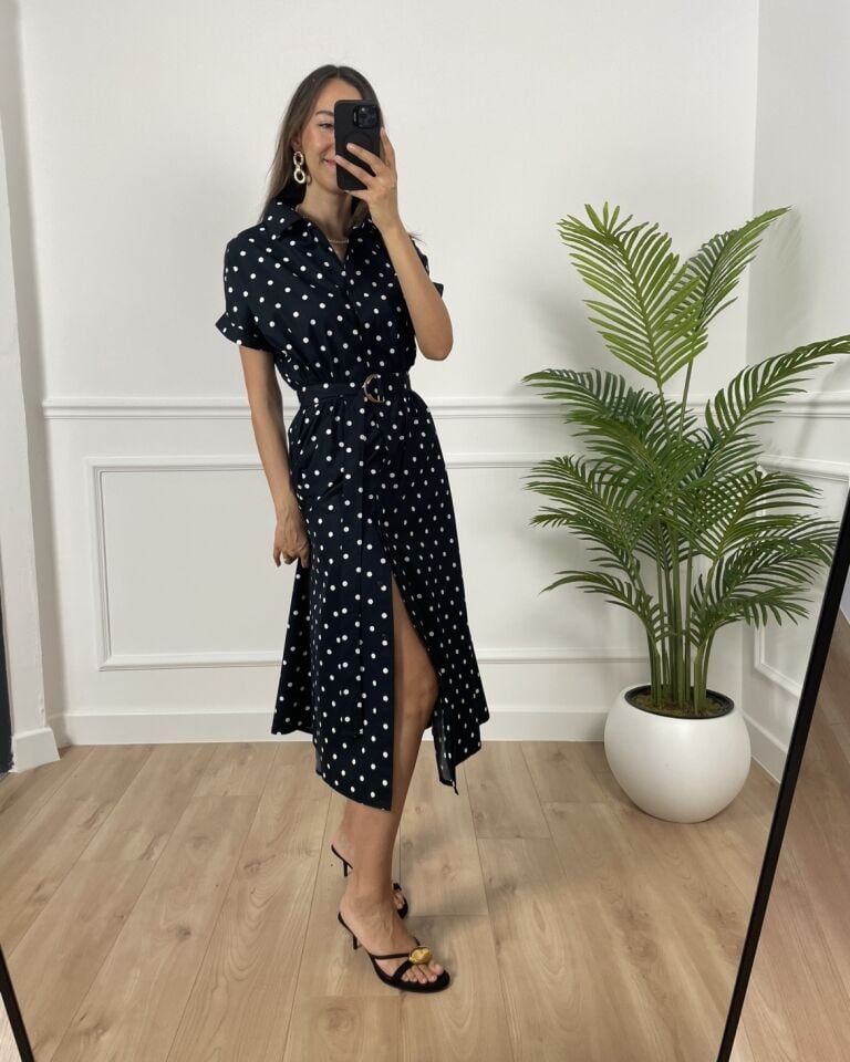 Alex Siyah Puantiyeli Gömlek Yaka Elbise