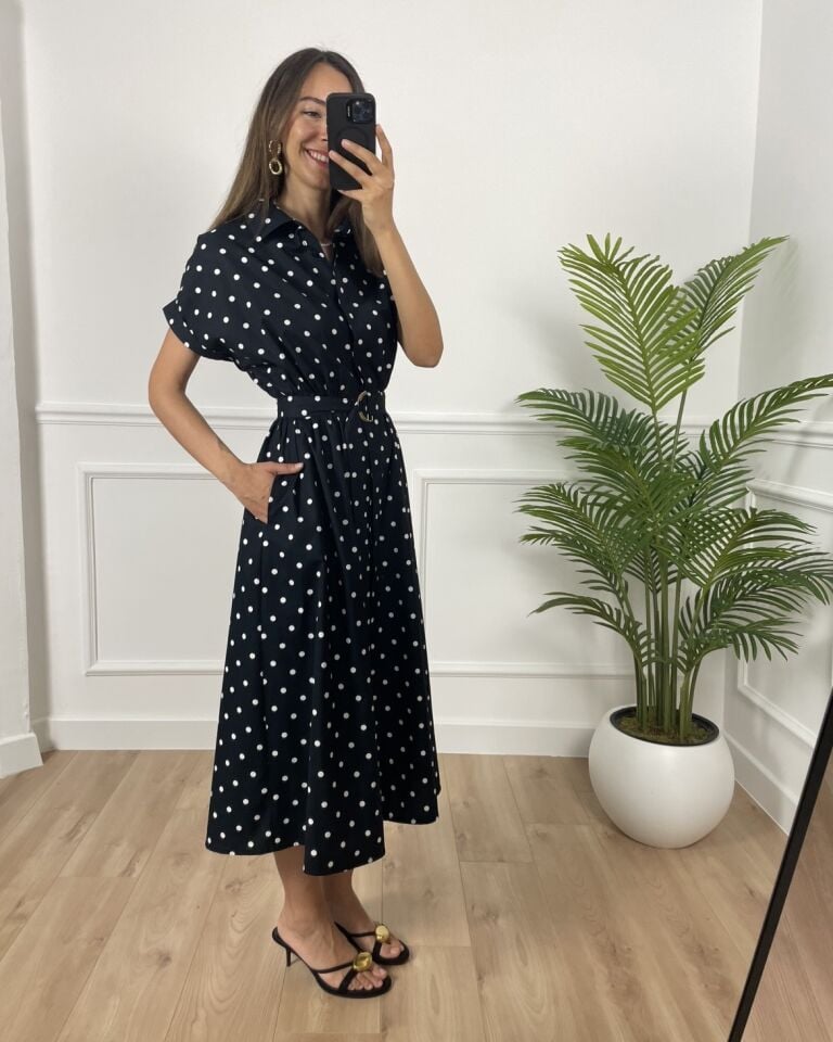 Alex Siyah Puantiyeli Gömlek Yaka Elbise