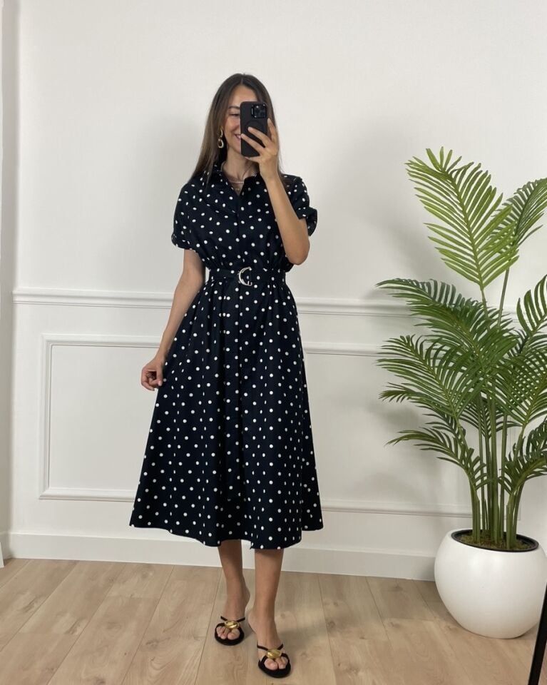 Alex Siyah Puantiyeli Gömlek Yaka Elbise