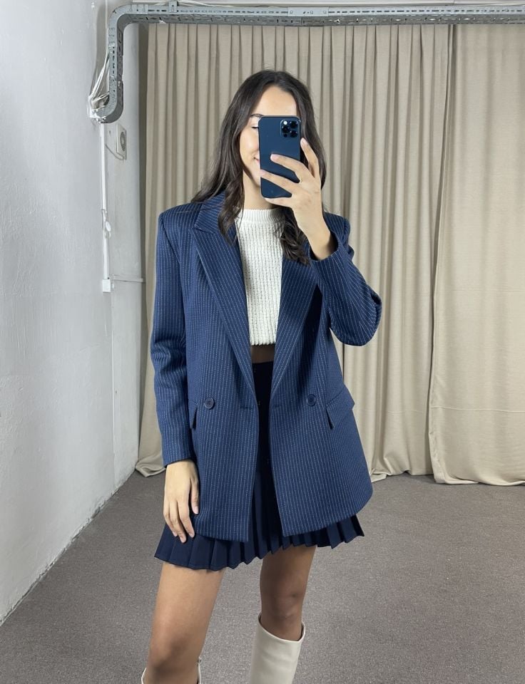 Serena Lacivert Çizgili Premium Ceket