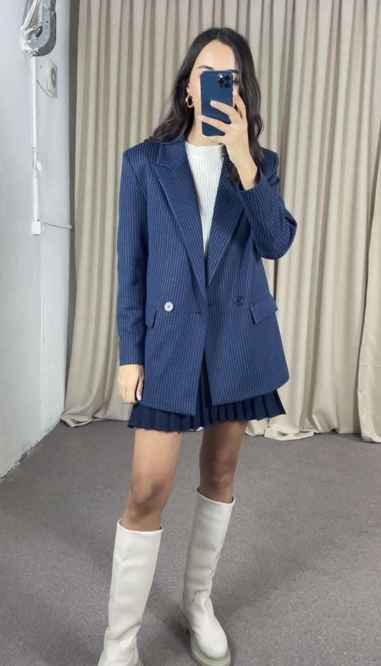 Serena Lacivert Çizgili Premium Ceket