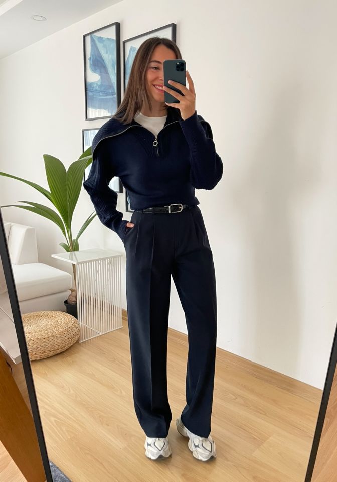 Arlen Lacivert Yüksek Bel Palazzo Pantolon