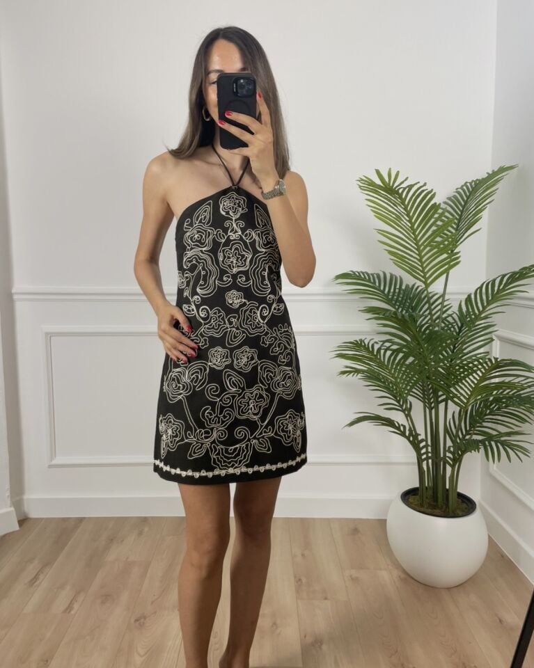 Blush Kahverengi Nakışlı Premium Elbise