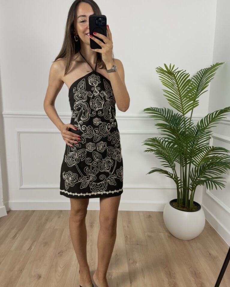 Blush Kahverengi Nakışlı Premium Elbise