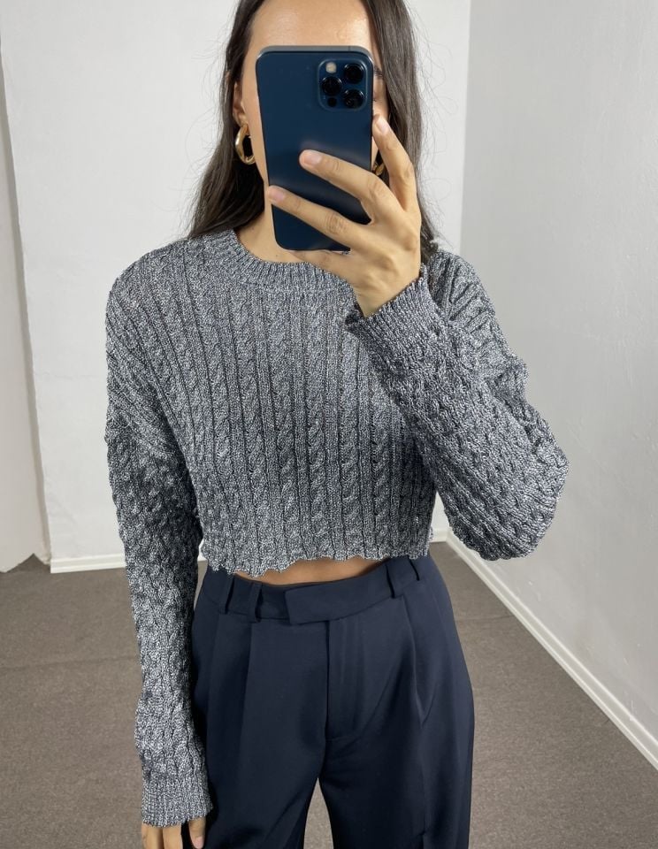 Leya Mavi Sim İpli Crop Kazak