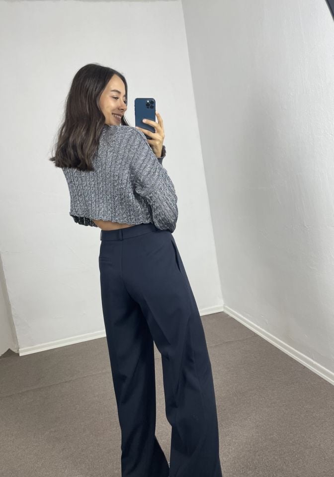 Leya Mavi Sim İpli Crop Kazak