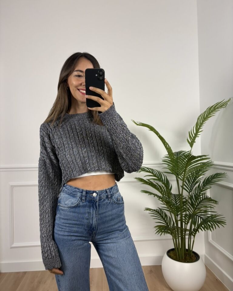 Leya Mavi Sim İpli Crop Triko