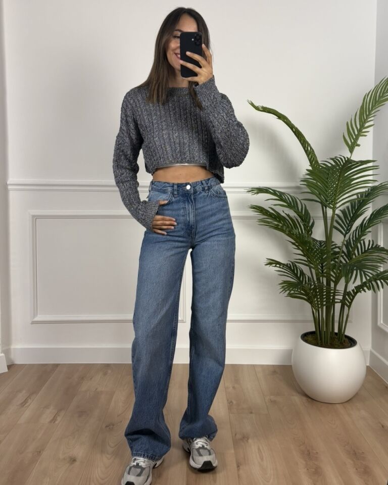 Leya Mavi Sim İpli Crop Triko