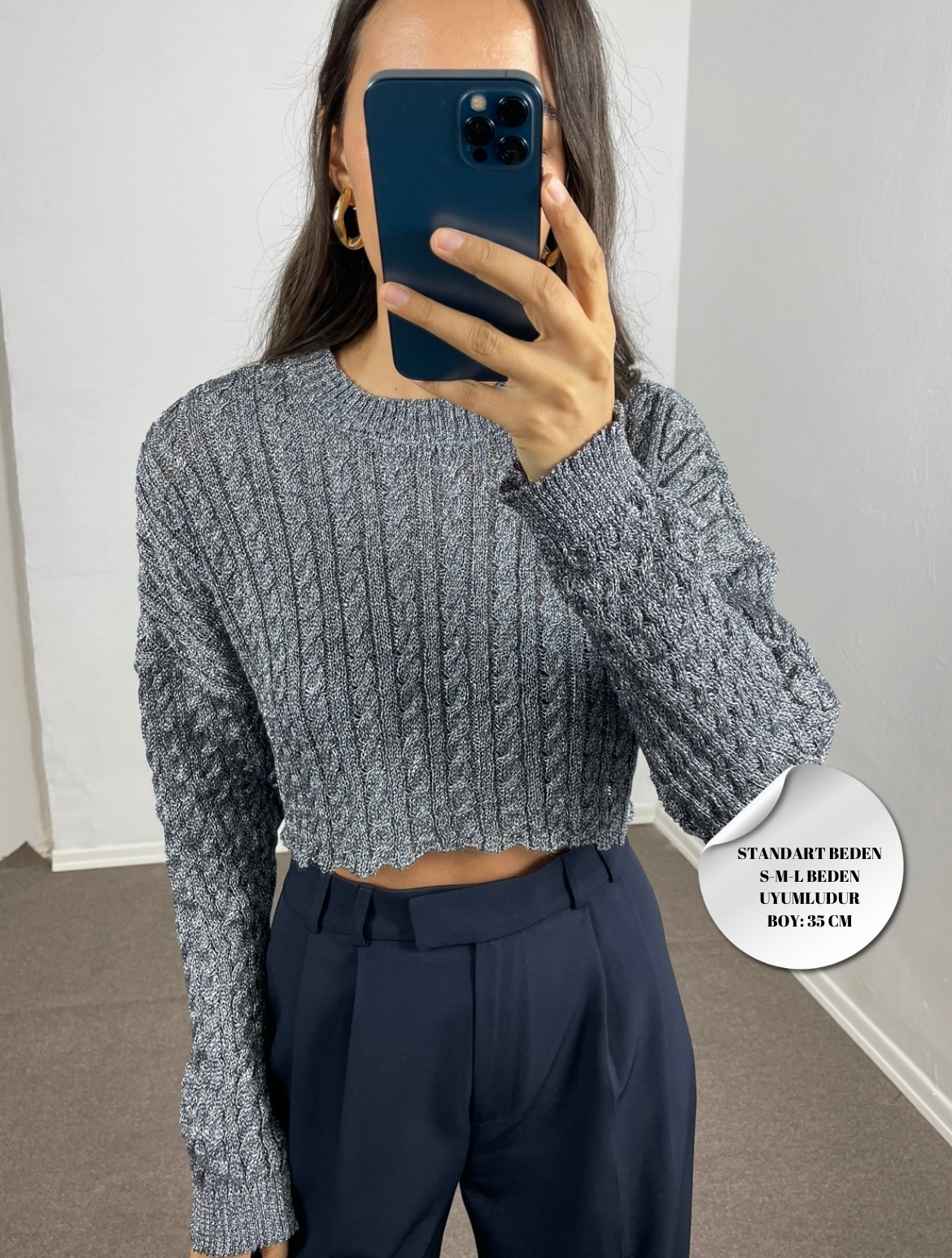 Leya Mavi Sim İpli Crop Kazak