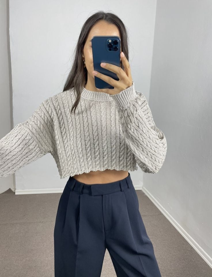 Leya Gümüş Sim İpli Crop Kazak