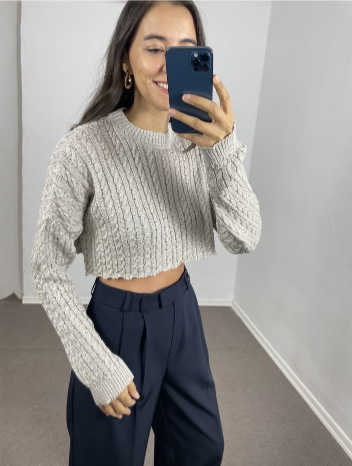 Leya Gümüş Sim İpli Crop Kazak