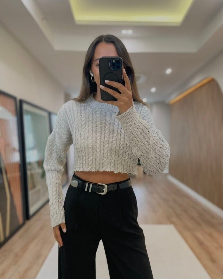 Leya Gümüş Sim İpli Crop Triko