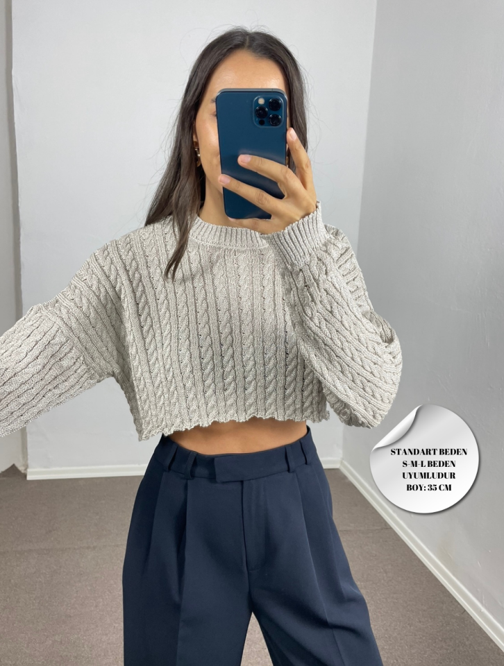 Leya Gümüş Sim İpli Crop Kazak