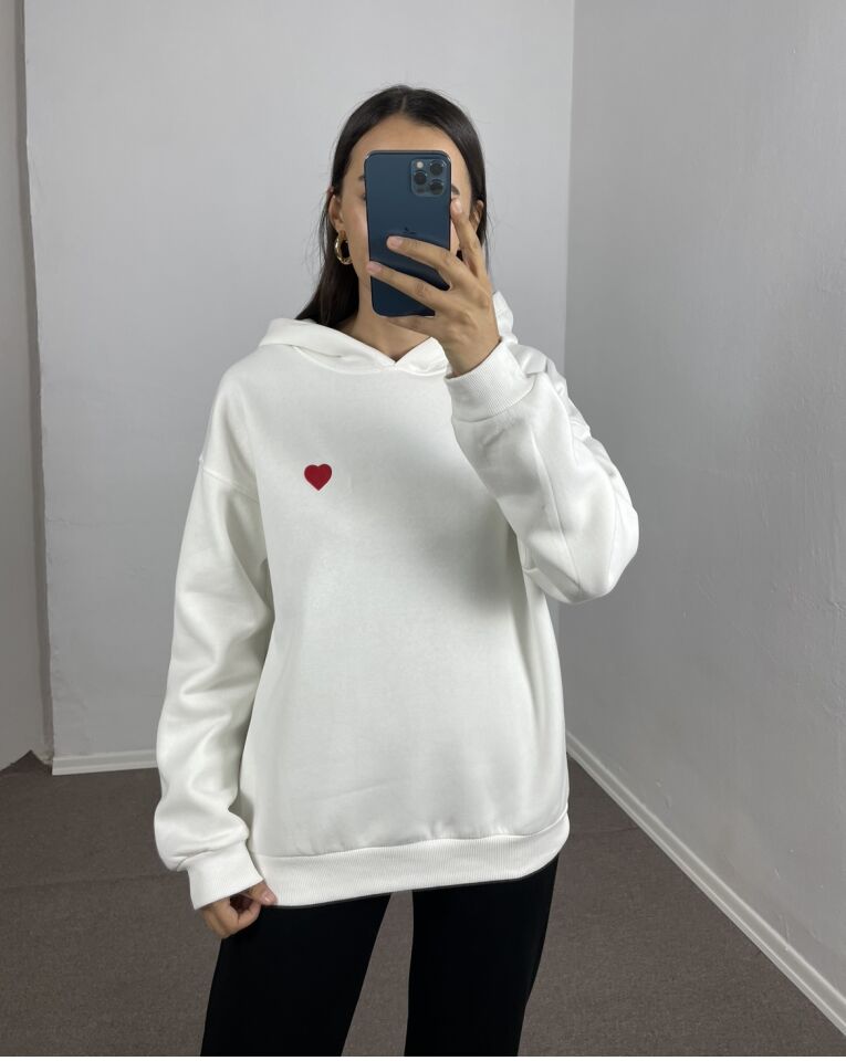 Ekru Kalp Nakışlı Oversize Sweatshirt